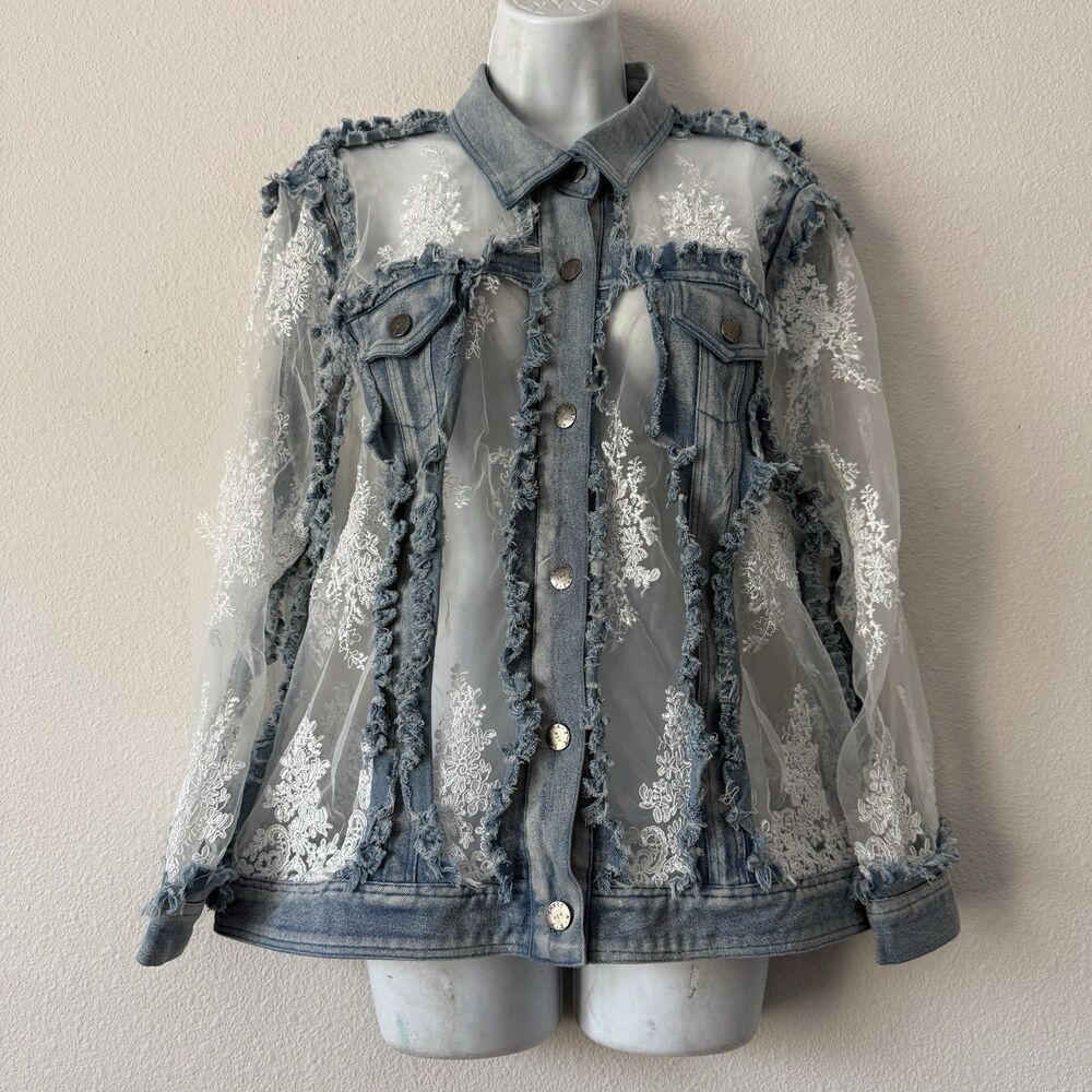 AZI New York Sheer Lace Floral Distressed Denim Jacket Size XL Blue Embroidered